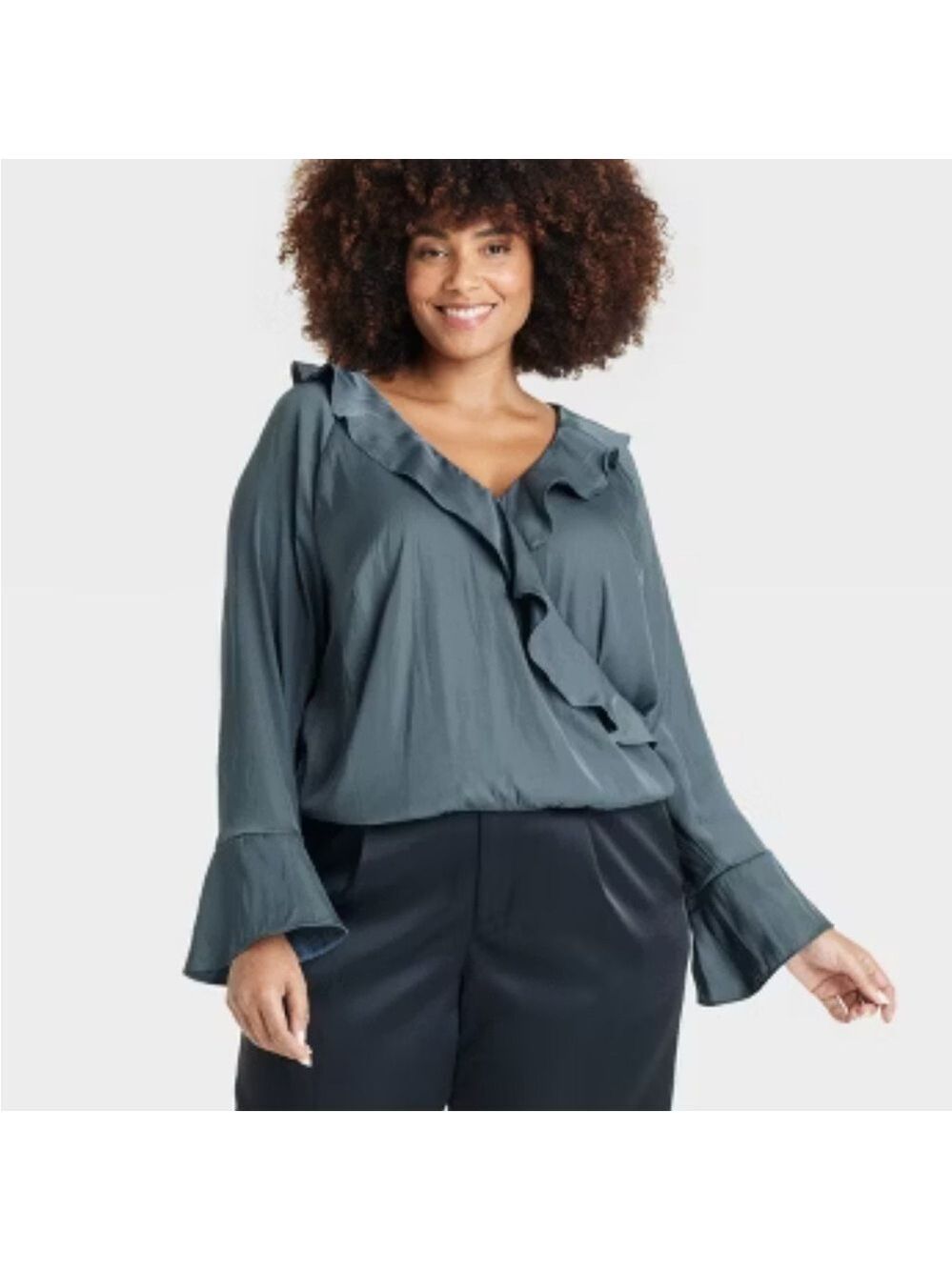 NWT A New Day Blue Bell Sleeve Ruffled Blouse